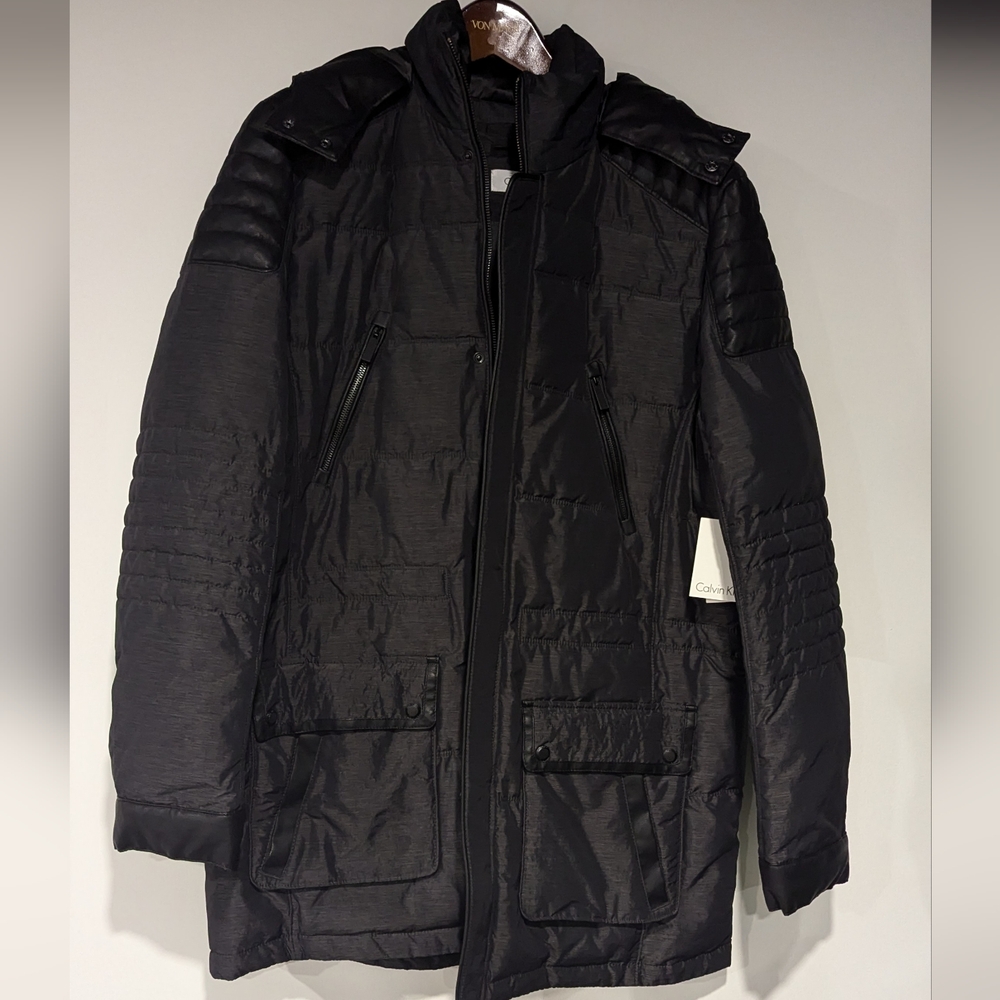 CALVIN KLEIN PREMIUM BODY SLIM FIT FAUX LEATHER TRIM HOODED JACKET MENS SIZE L